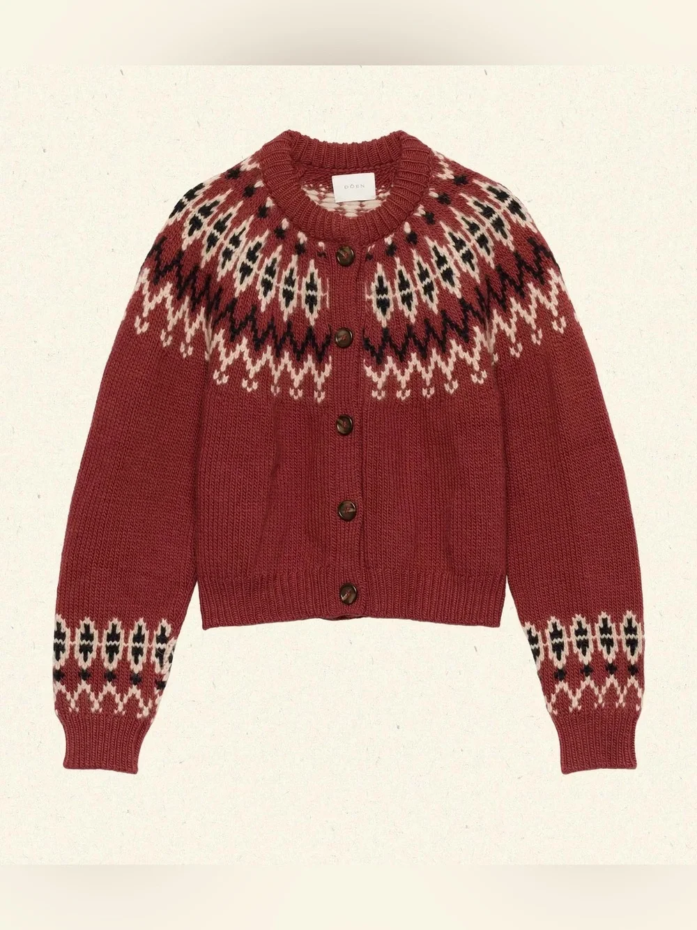NWT Doen Clarke Wool Alpaca Button Cardigan Knit Sweater Burgundy Fair Isle Red